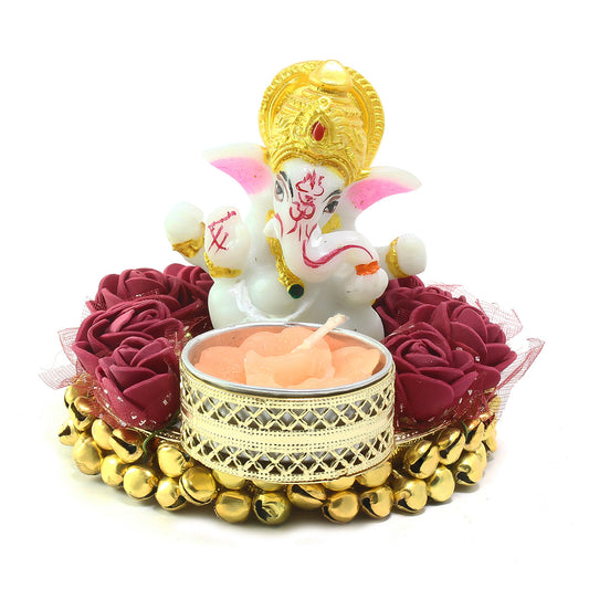 🔔🩷 eCraftIndia Lord Ganesha Idol on Decorative Plate with Tea Light Holder 🕯️